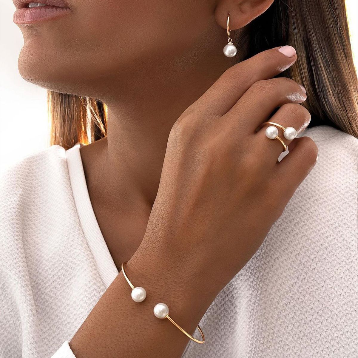 Pearl Open Earrings Bracelet Ring Jewelry Set