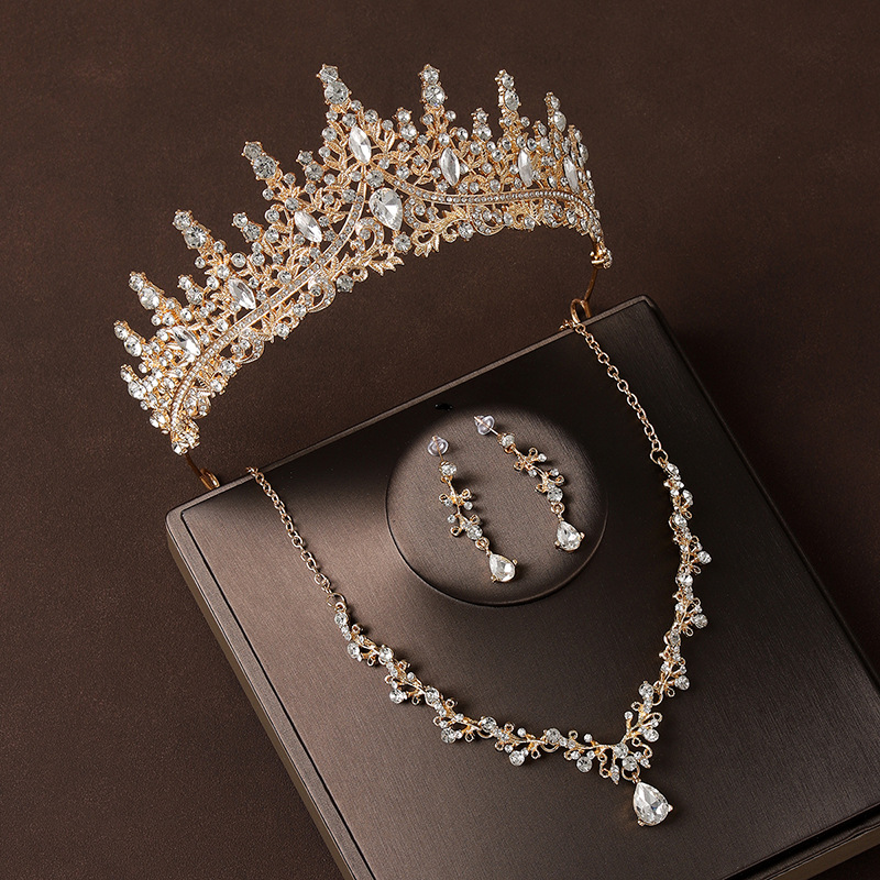 Crown Headdress Necklace Earrings Champagne Gold Vintage