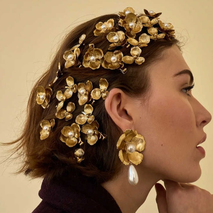Gold Flower Pearl Barrettes Fashion Bridal Hair Accessories
