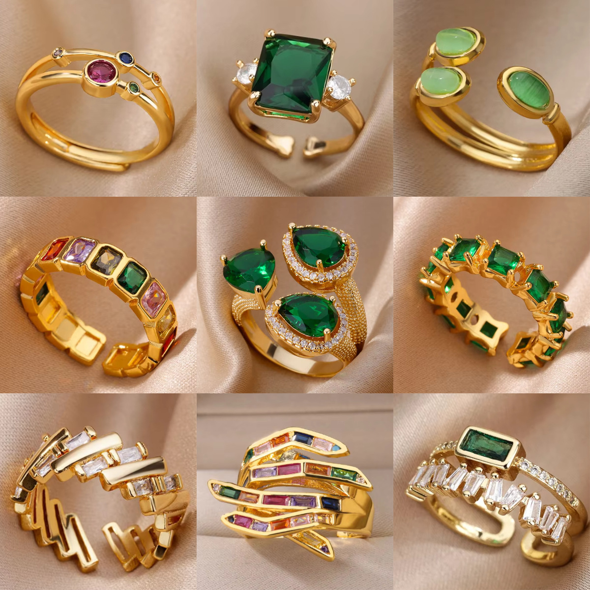 Light Luxury Retro Style Green Zircon Open Ring 18K Gold Plated Emerald High-grade Finger…