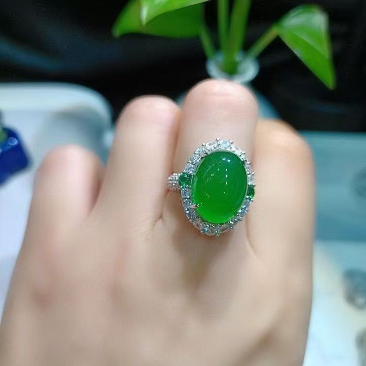 Green Chalcedony Ring Women's Open Adjustable Green Jade Ring High-End Ring Stylish Niche…