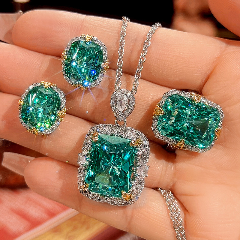 Luxury Radiant Cut Mint Emerald Green Crystal Pendant Necklace - S925 Silver Plated Two…