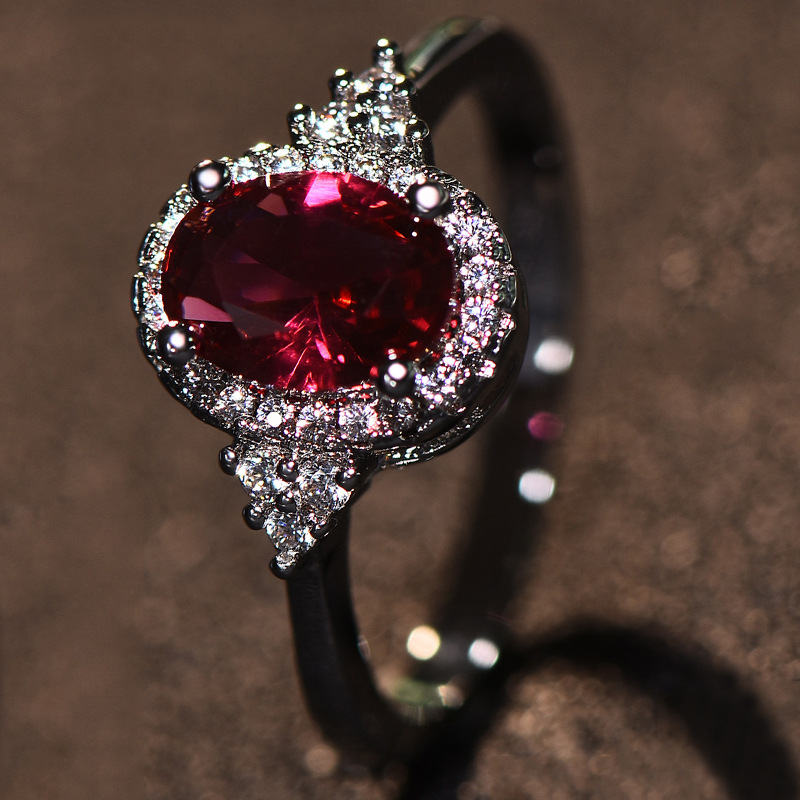 Elegant Silver Plated Red Ruby Crystal Ring For Women - Luxury Oval Cut Pink Sapphire…