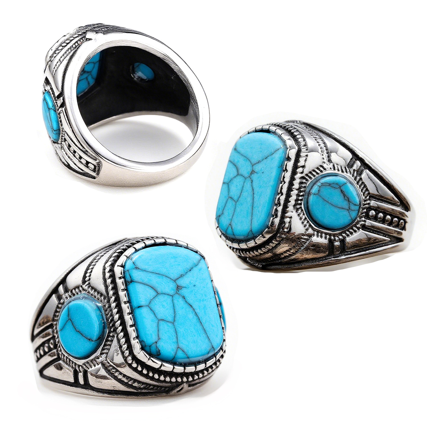 Nordic Hot-Selling Personalized Stainless Steel Fashion Retro Three-Sided Blue Turquoise…
