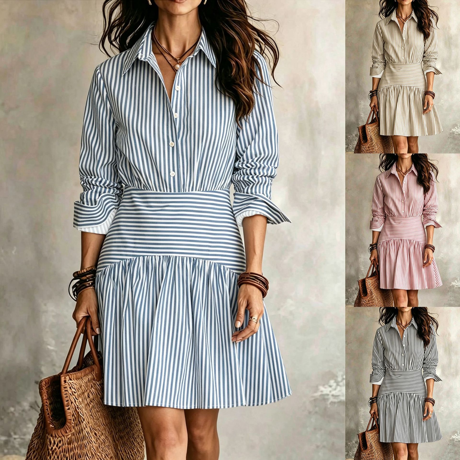 Womens Collared Striped Shirt Casual Dress