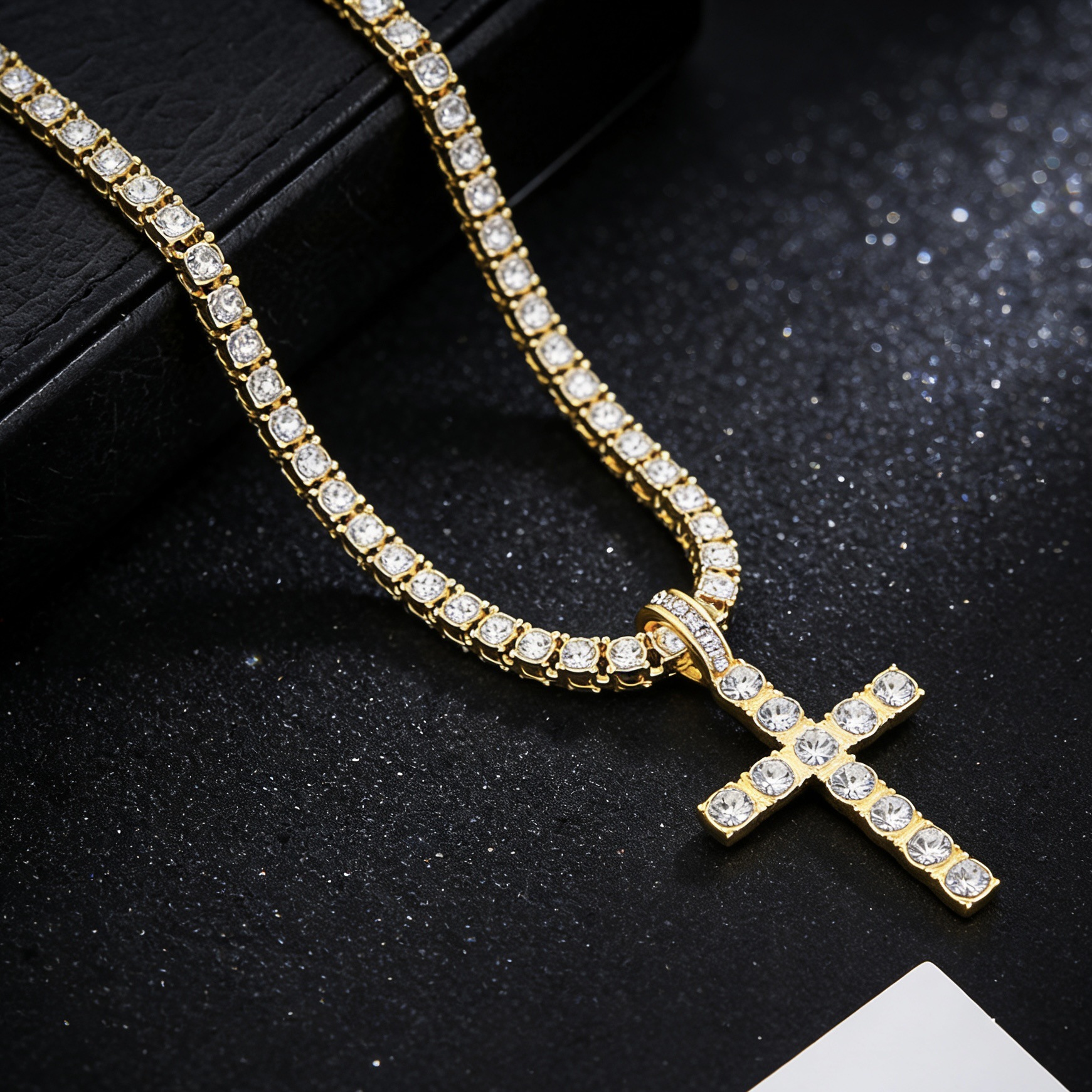 Rhinestone Cross Pendant Necklace With Tennis Chain