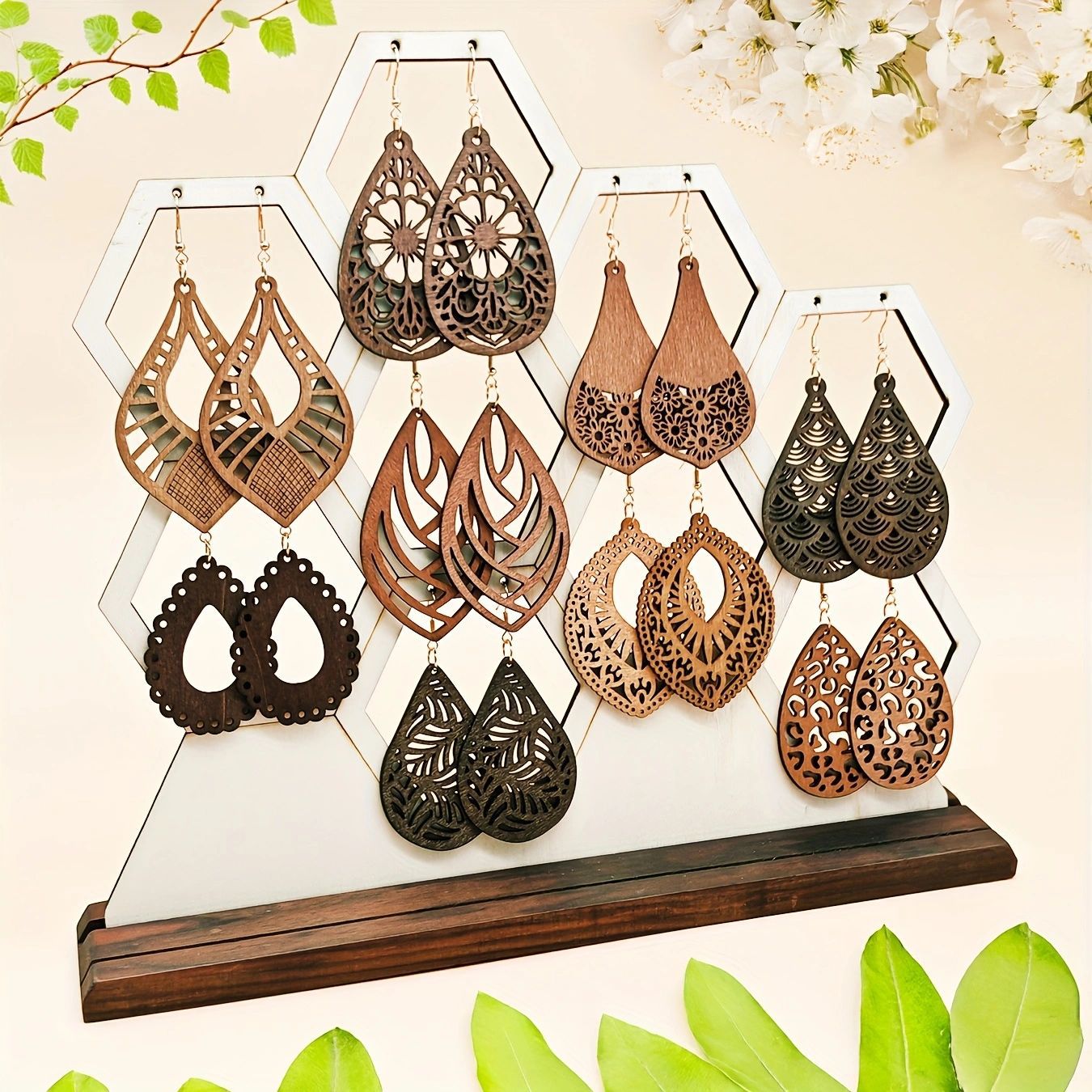 Wooden Vintage Hollow Carved Pattern Pendant Earring Set