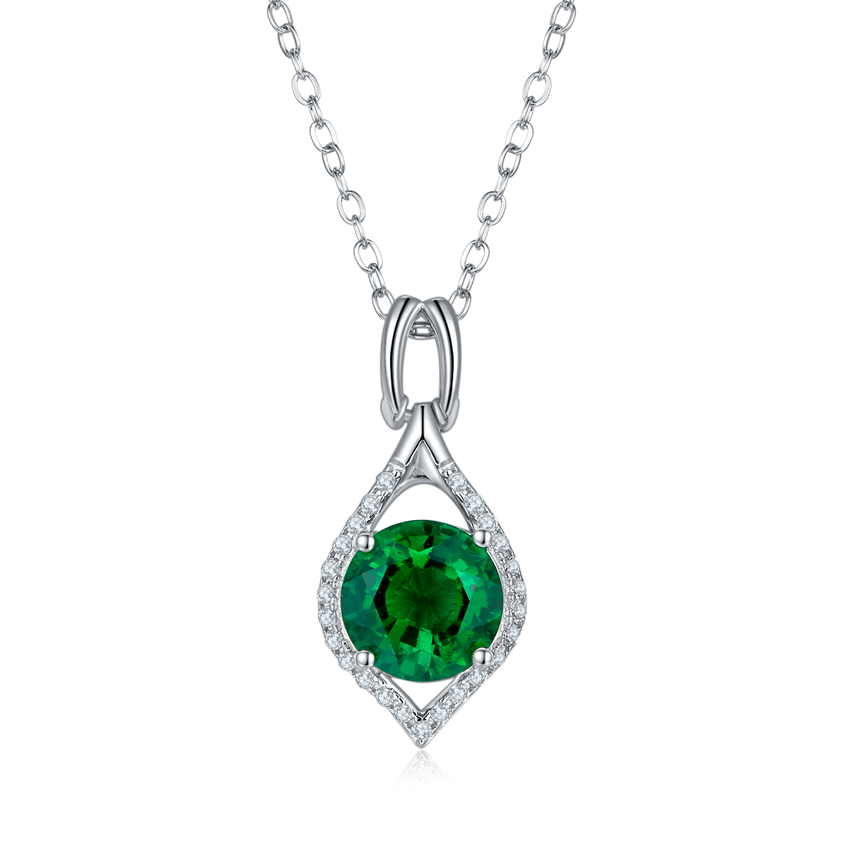 S925 Silver 2.7g Platinum Plated 2.3ct Lab-Created Emerald Necklace, 8mm Halo Pendant…