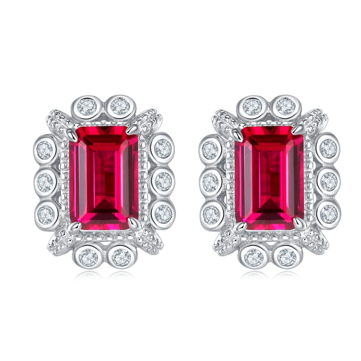 S925 Silver 2.2g Platinum Plated 1.6ct Lab-Created Ruby Stud Earrings, 6x4mm Emerald Cut…