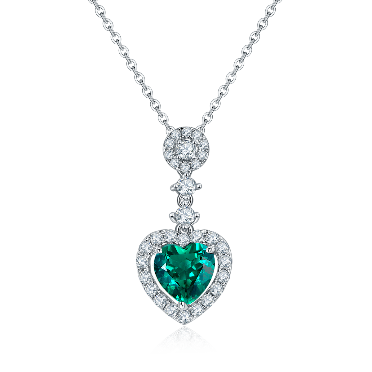 S925 Silver 4.2g Platinum Plated 1.45ct Lab-Created Emerald Heart Necklace, 8mm Halo…