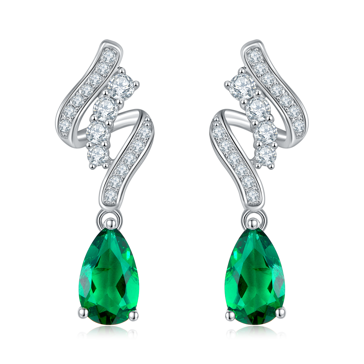 S925 Silver 2.4g 1.52ct Lab-Created Emerald Drop Earrings, 8x5mm Pear Cut