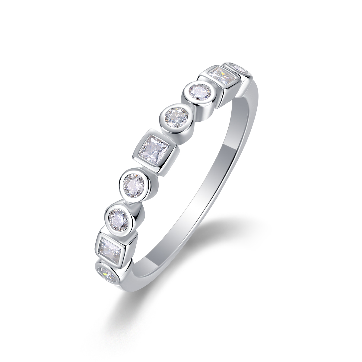S925 Silver 2.0g Platinum Plated Moissanite Ring, Alternating Round & Square Bezel Set…