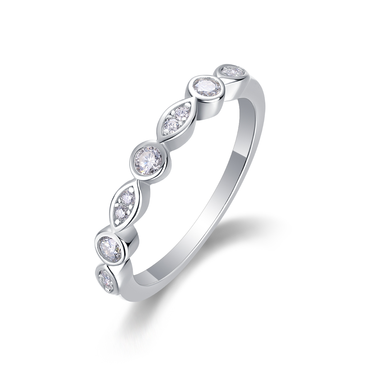 S925 Silver 1.8g Platinum Plated Moissanite Ring, 3.5mm Round & Marquise Bezel Half…