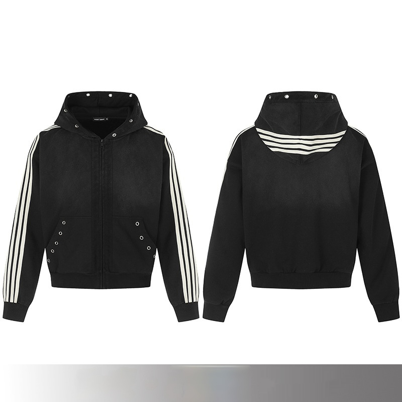 Hooded Zip-up Sweatshirt, Street-style Striped Color-block Cropped Jacket