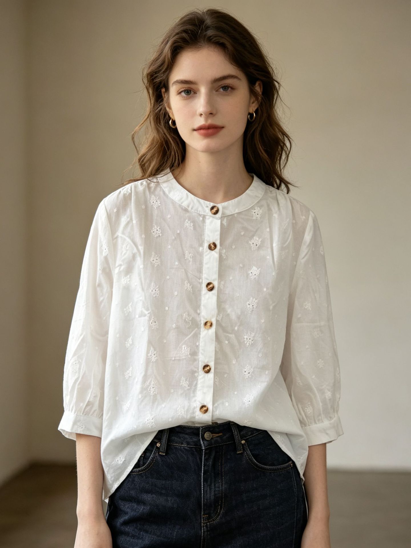 Floral Embroidered Breathable Top, Stand-up Collar, Single-breasted Loose Shirt For…