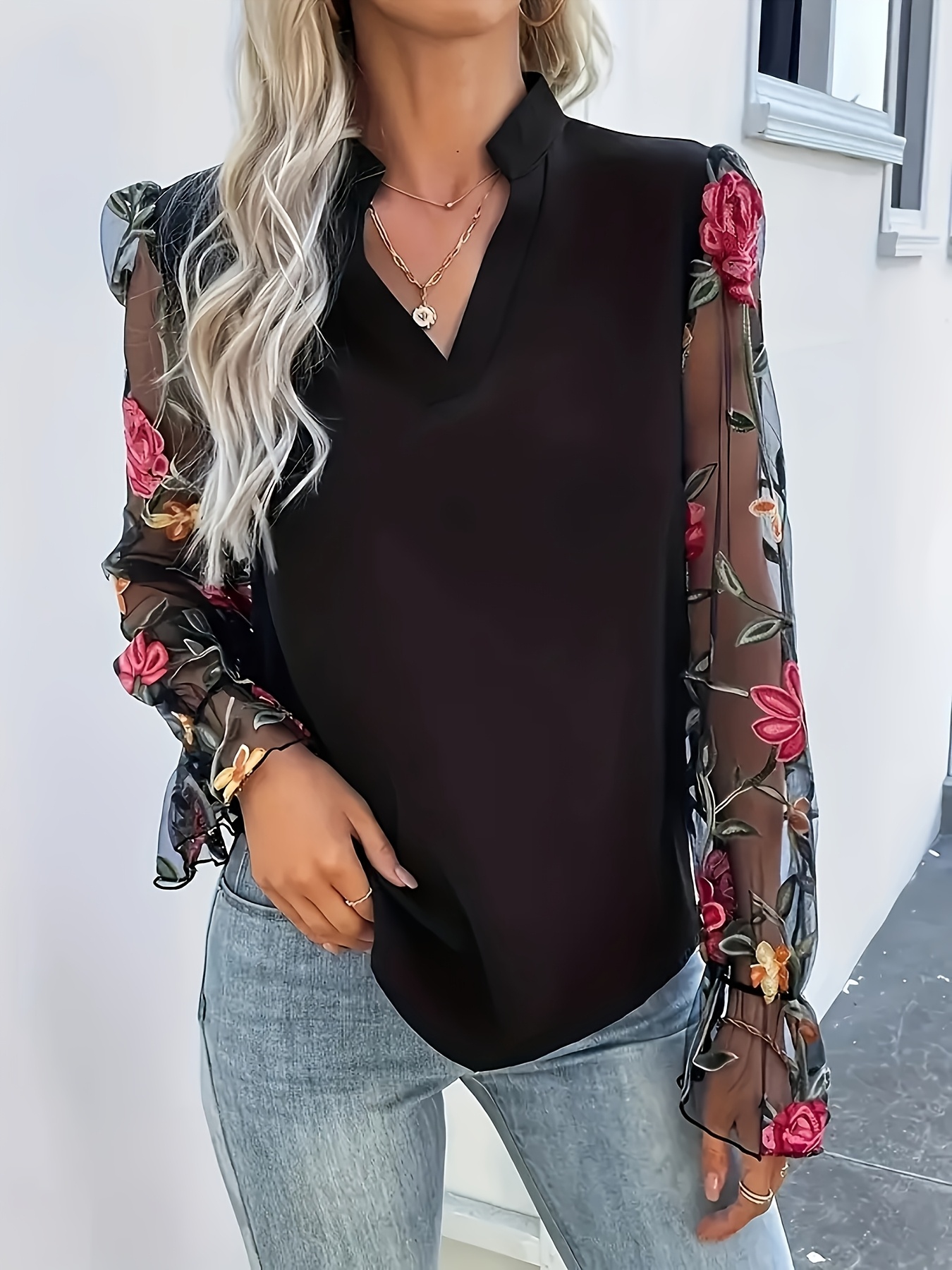 Women Stand Collar Split V Neck Satin Blouse Floral Embroidery Sheer Mesh Flare Long…