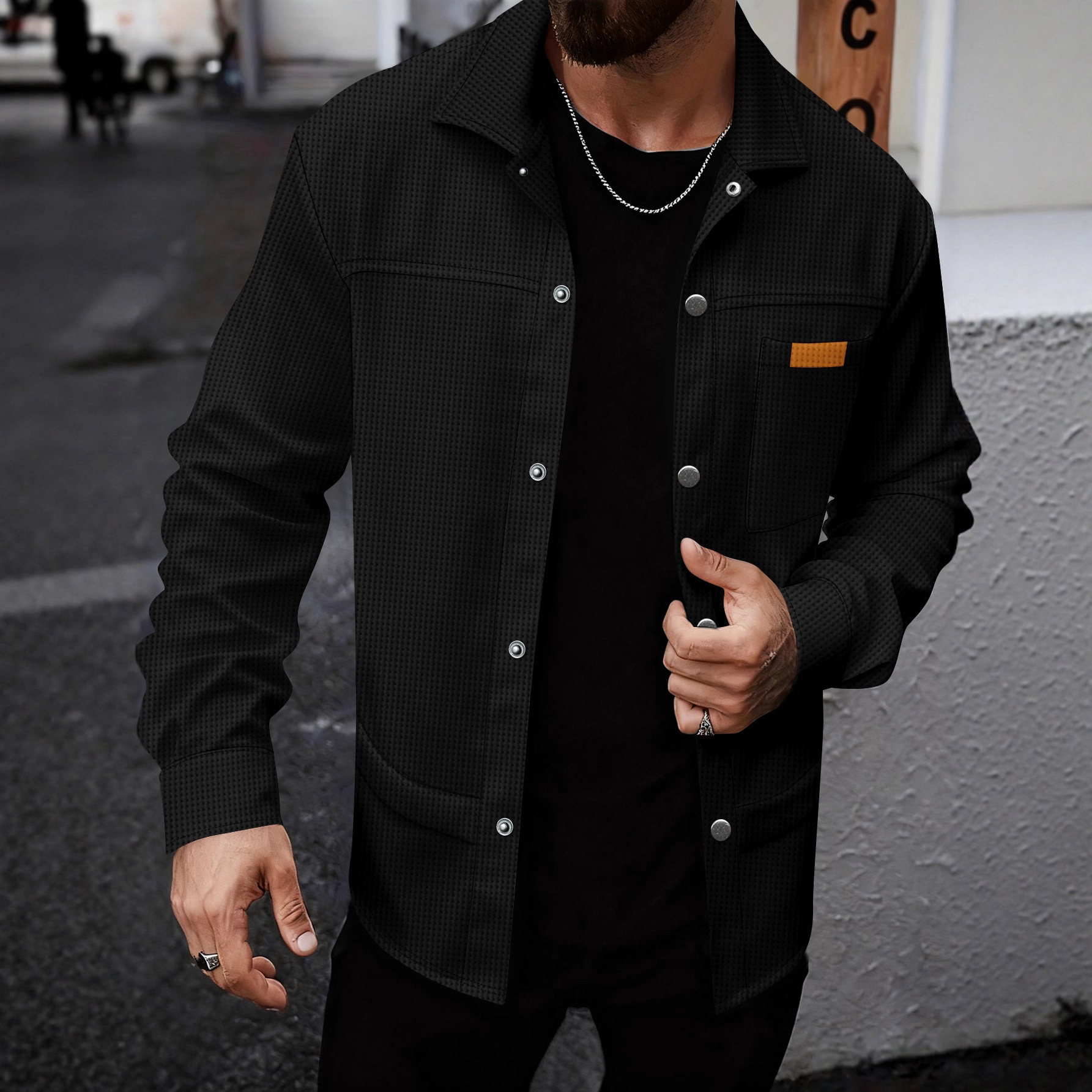 Solid-color Lapel-pocket Button-front Workwear Casual Long-sleeved Shirt