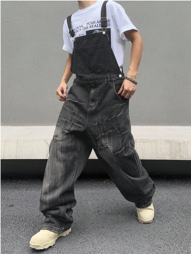 Men Black Denim Overalls Loose Fit Bib Pants Workwear Style Casual Jeans Jumpsuit Ready…