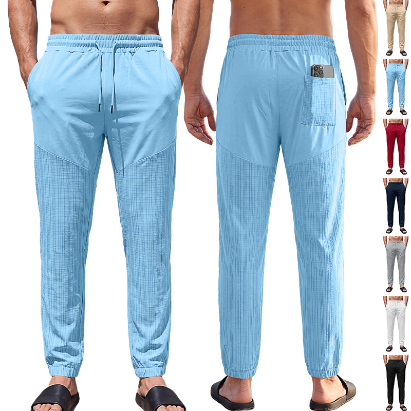 Men's Patchwork Textured Long Pants With Drawstring Elastic Waist, Multi-pocket Outdoor…