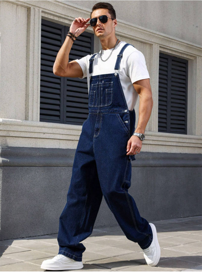Men's Denim Overalls Loose Fit Carpenter Bib Pants Workwear Jeans Streetwear Ready Stock