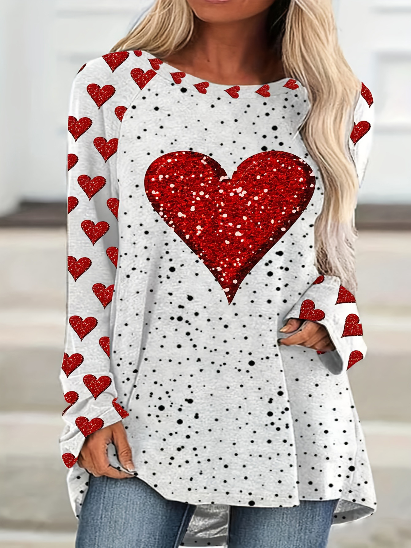 European And American Women's Autumn Polka Dot Heart Print Round Neck Long-sleeve Loose…