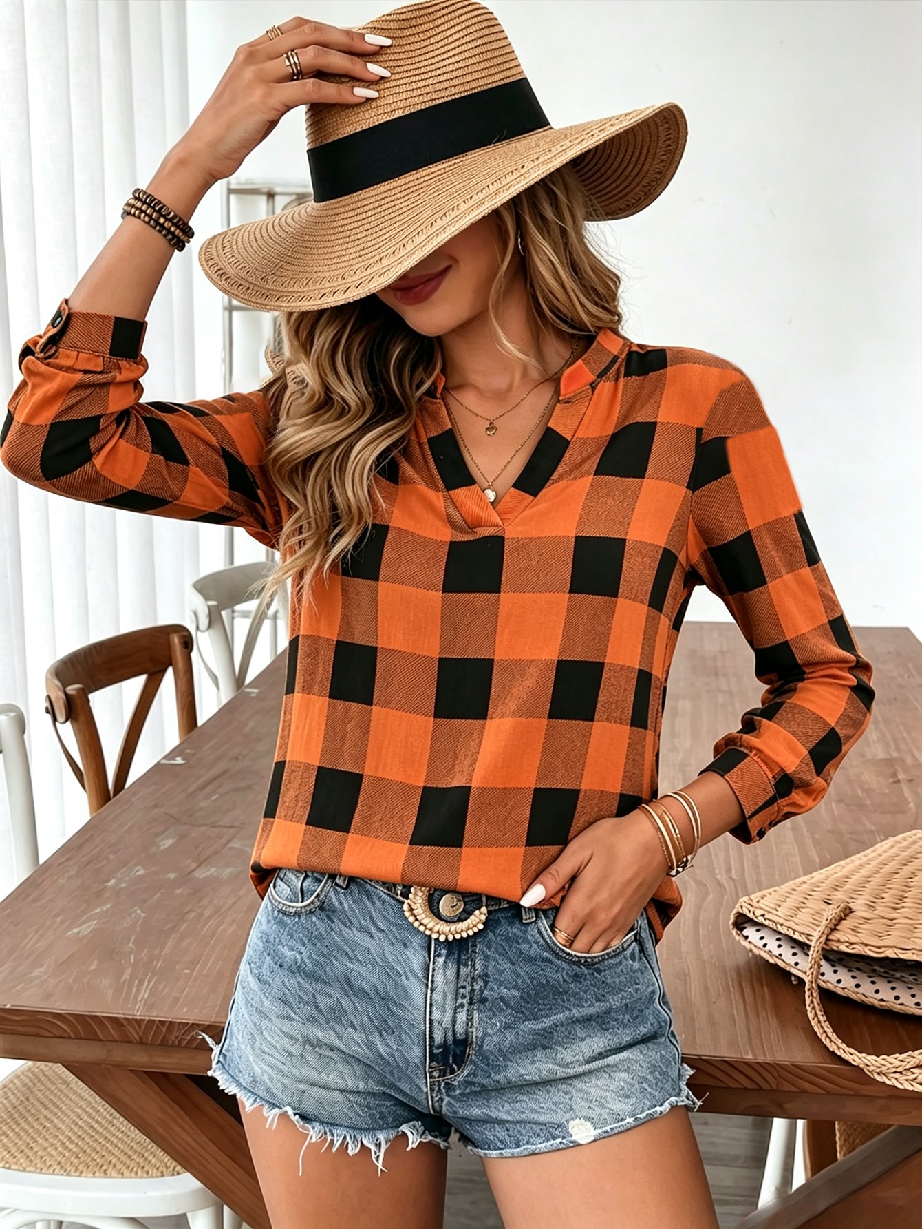Women's Buffalo Plaid V Neck Blouse, Long Sleeve Notch Collar Tunic Shirt, Casual Fall…