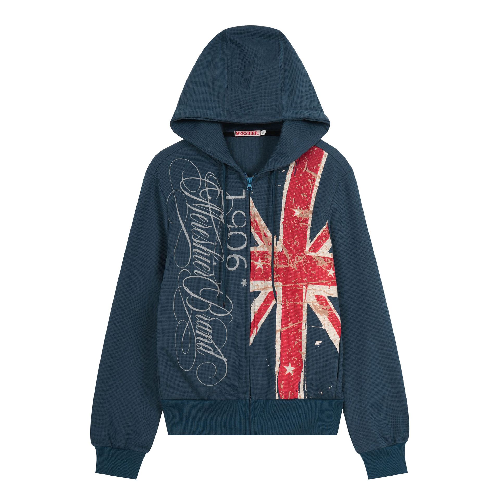 American-style Distressed Letter-print Hooded Zip-up Sweatshirt Jacket
