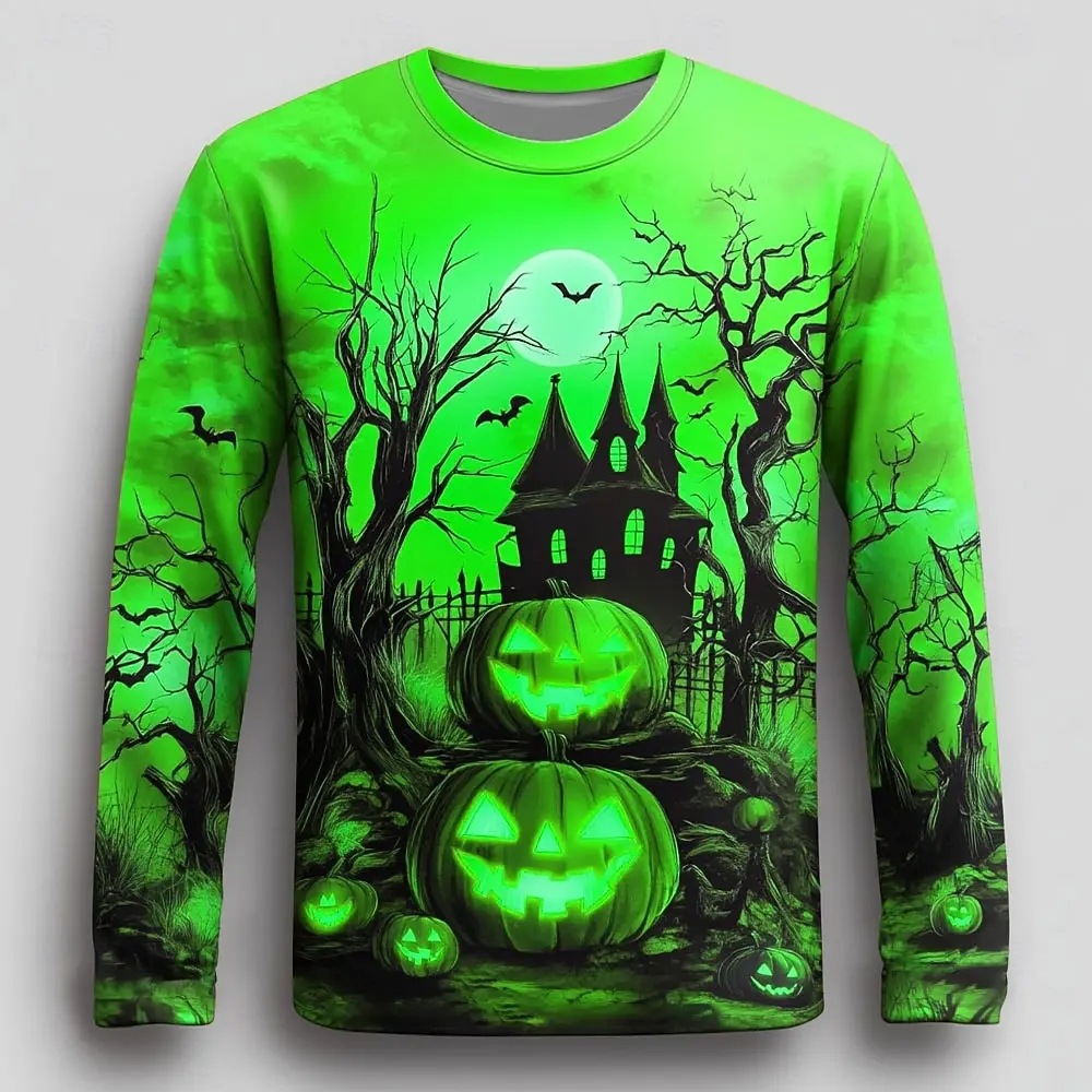 Mens Long-Sleeve Top With Halloween Pumpkin Print