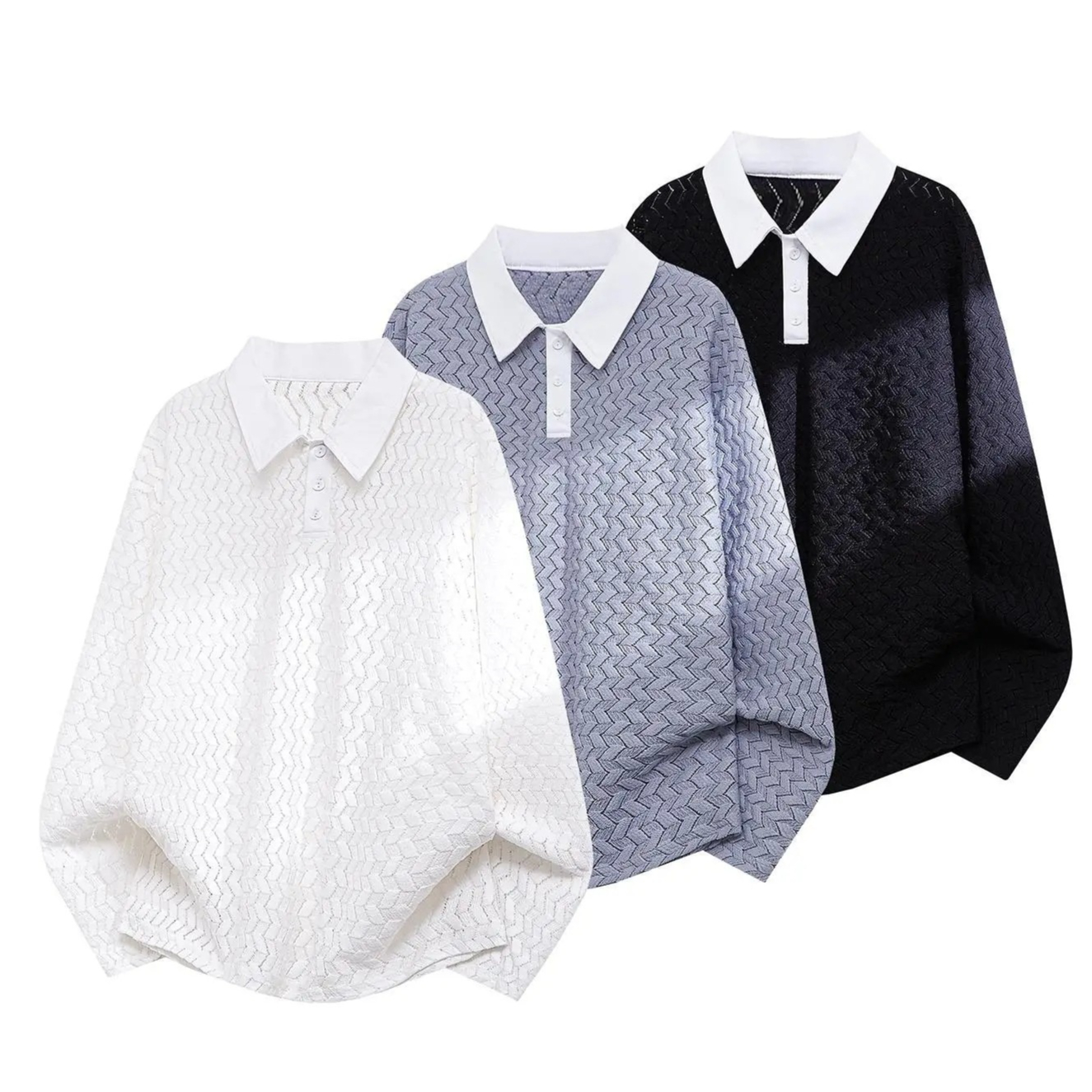 Contrast-color Lapel Hollow-out Long-sleeve Top