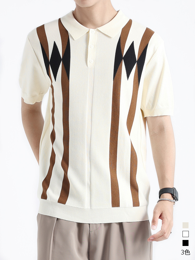Old Money Style Men's Diamond-Patterned Ice Silk Knit Polo Shirt, Men's Color-Blocking…