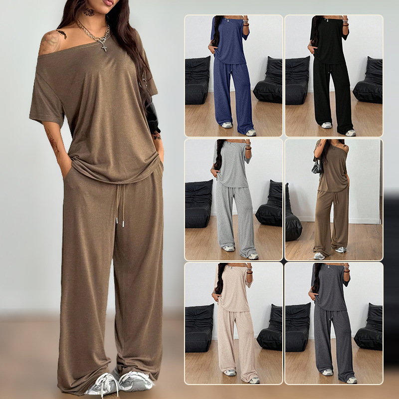 SpringSummer Women's Casual Solid-Color Sports Two-Piece Set