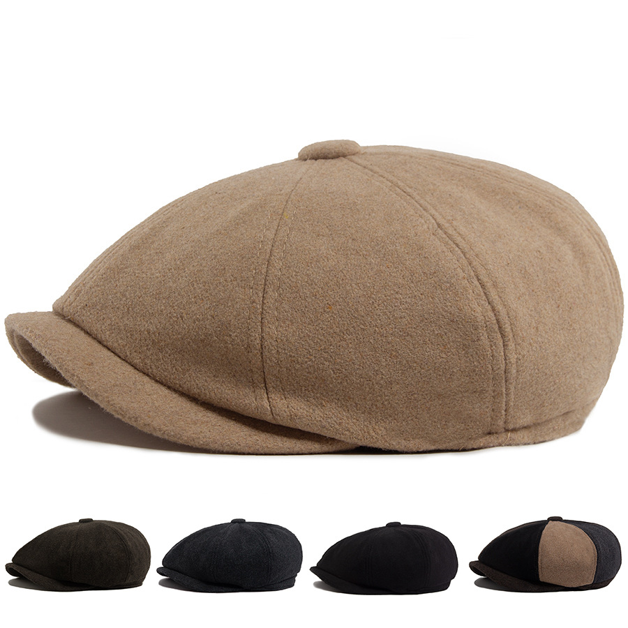 Solid-color Wool Octagonal Cap Mens British Beret