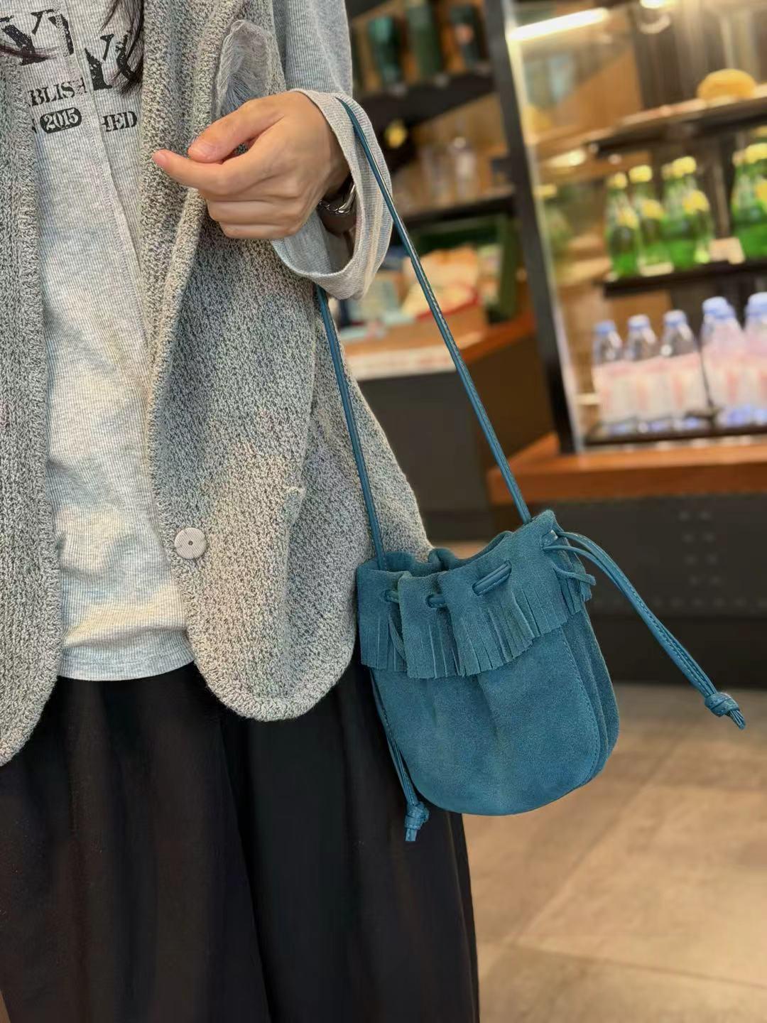 Tassel Bucket Bag, Genuine Leather Single Shoulder Diagonal Cross Bag, New Drawstring…