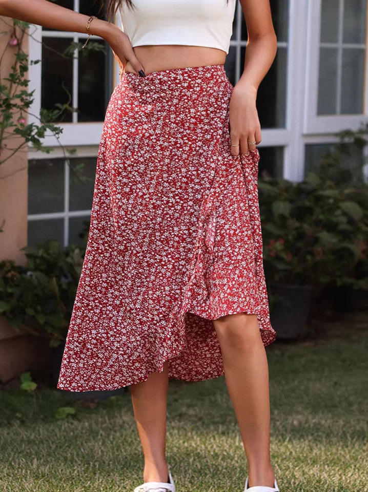 Women Ditsy Floral Midi Skirt High Waist A Line Flowy Ruffle Hem Casual Boho Skirt For…