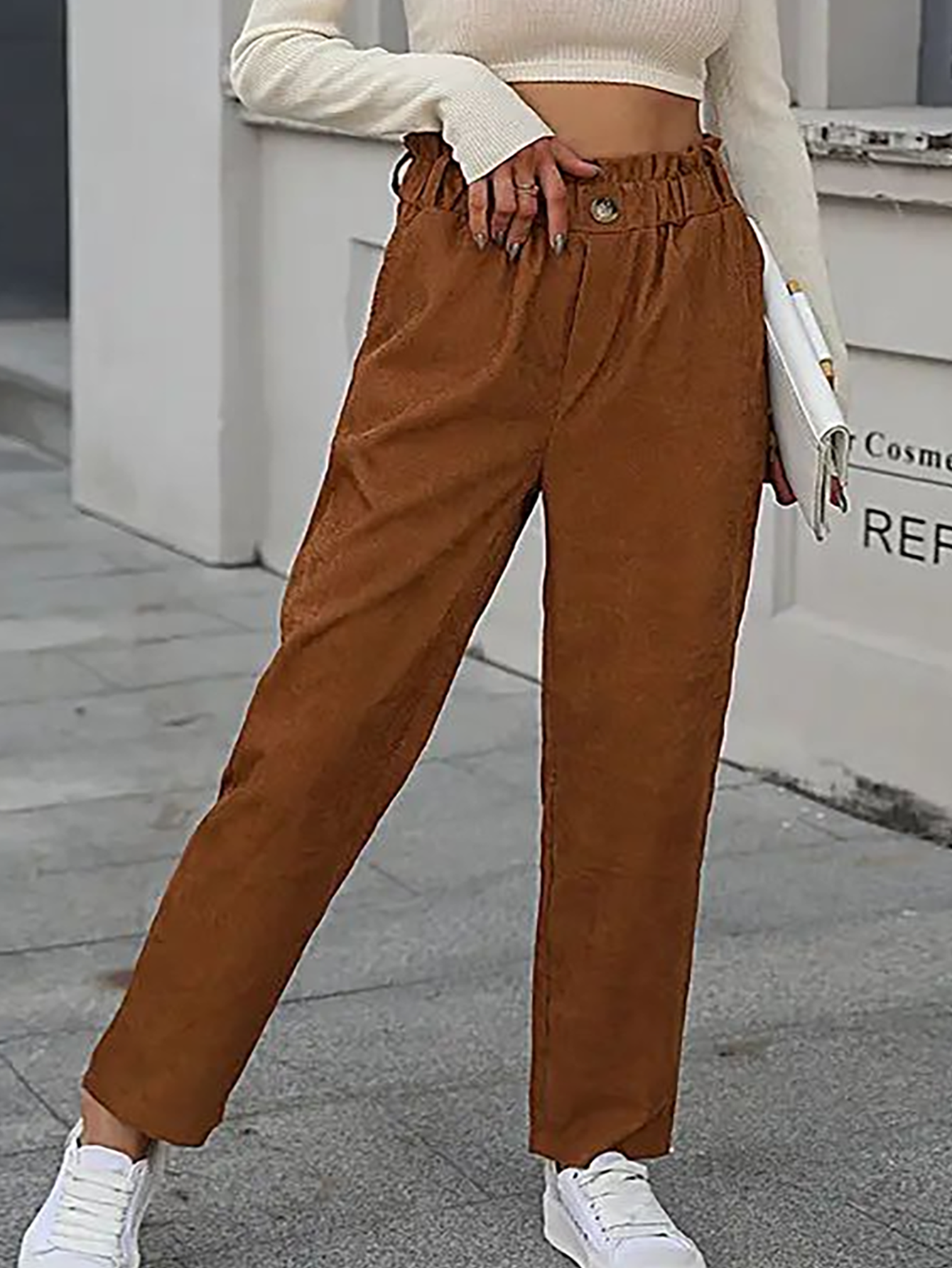 Women's Corduroy Paper Bag Waist Straight Leg Pants, High Waist Elastic Casual Trousers…