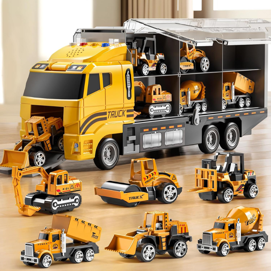 Construction Truck Toy Set For Kids, Die-Cast Toy Vehicles With Play Mat & Transport…