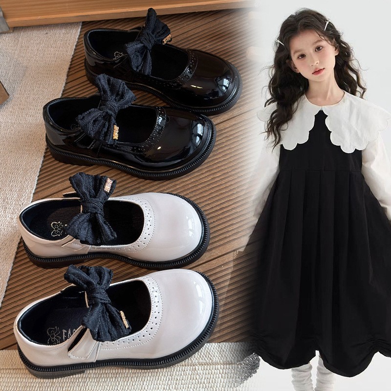 Spring New Kids Leather Shoes, Stylish Black Bow Princess Mary Jane Flat Shoes For Girls