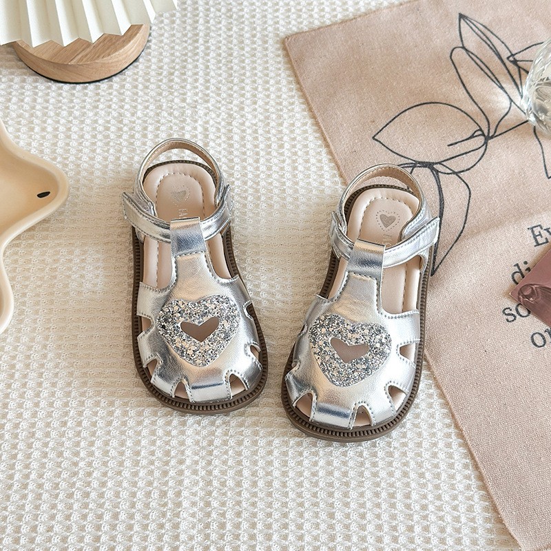 Korean Style Girls Princess Sandals, Closed-Toe Heart Hollow Out Soft Sole Leather…