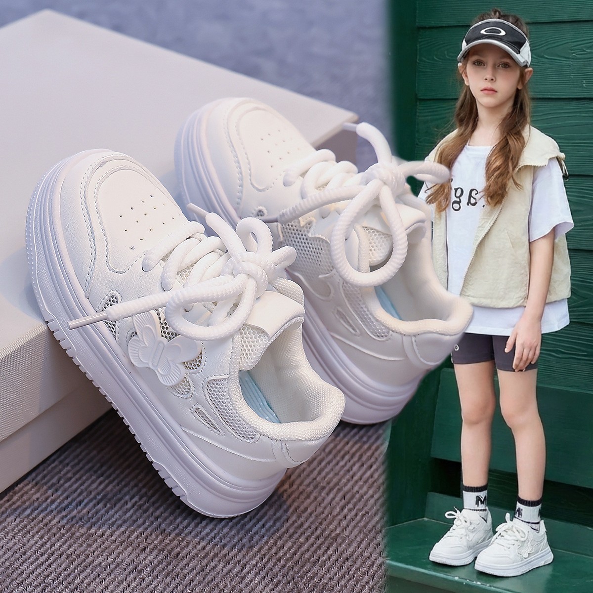 Spring Summer Kids Skate Shoes, Breathable Mesh White Sneakers For Girls, Lightweight…