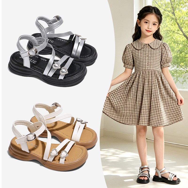 Summer New Trendy Kids Sandals, Girls Soft Sole Fashion Princess Shoes, Silver Roman…