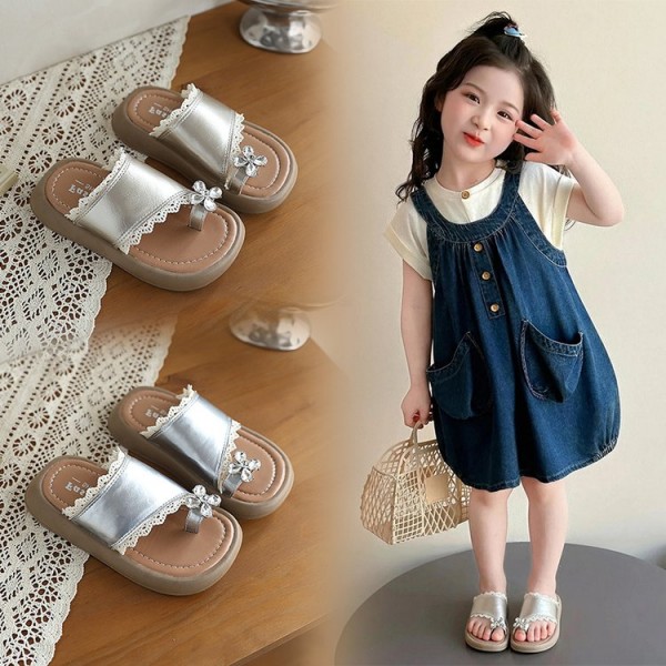 Summer New Girls Outdoor Slippers, Chanel-style Toe Post Slide Sandals, Soft Sole…