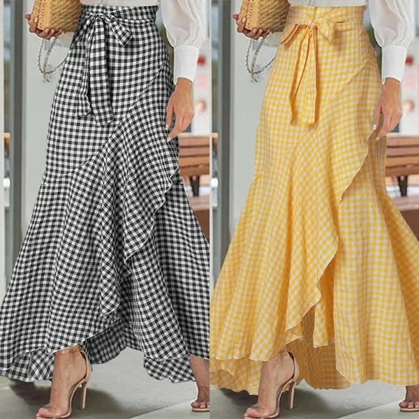 Women's Plaid Mermaid Skirt With Ruffled Irregular Hem, High-Waisted Casual Umbrella Wrap…