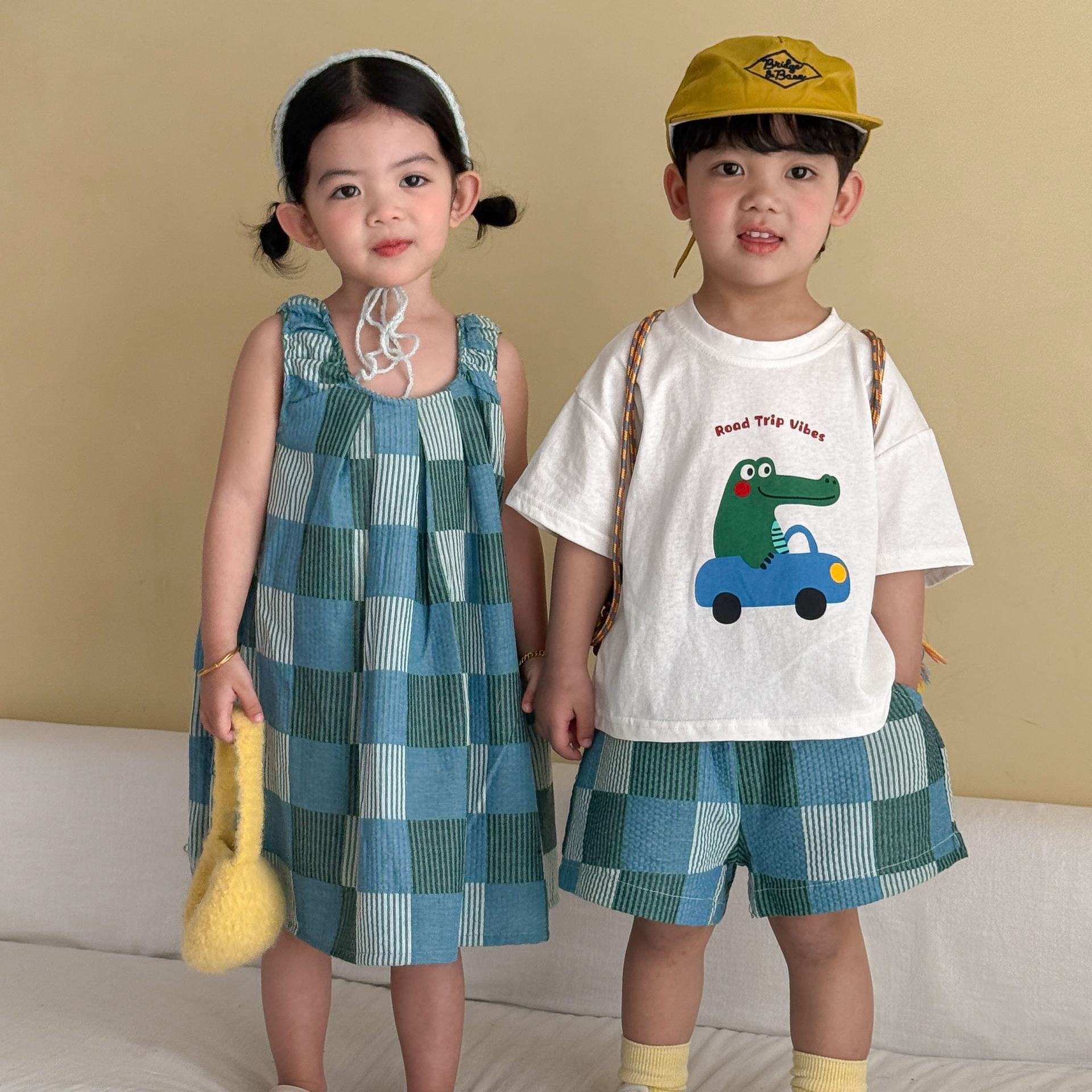 Childrens Short-sleeve Plaid Dress Set