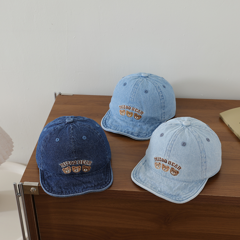 Baby Water Washed Denim Retro Beanie With Bear Embroidery And Soft Brim. Spring Autumn…