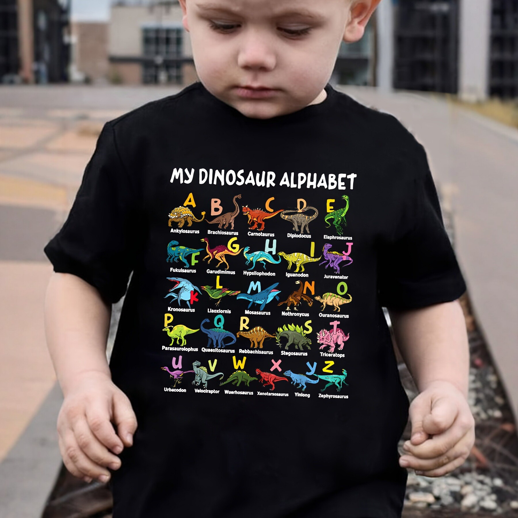 Boys Fashionable Short-sleeved Casual Top With A Dinosaur-themed 26-letter Print