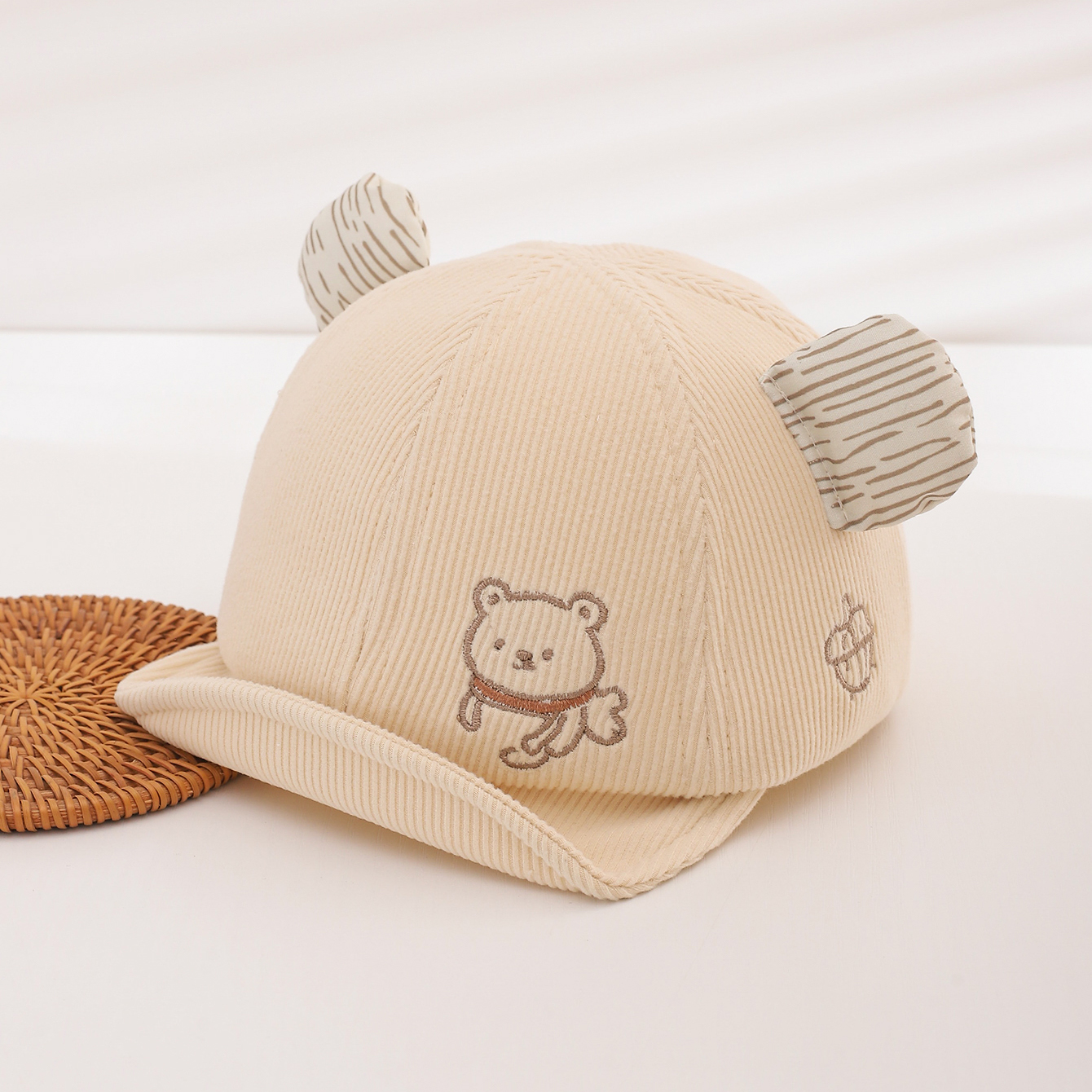 Fall Boys And Girls Bear Embroidered Soft Top Short Brimmed Hat For Baby Soft Corduroy…