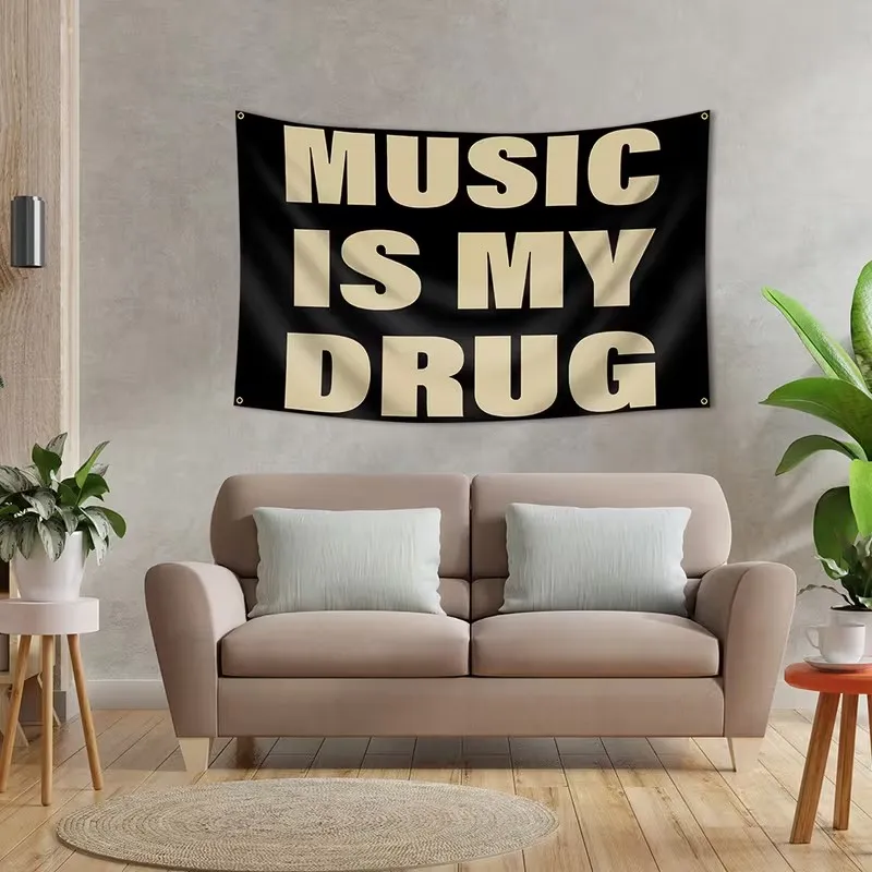 1PC  Music Is My Drug quote tapestry, designed for music lovers, features a minimalist black and brown font, adding a trendy de photo 3