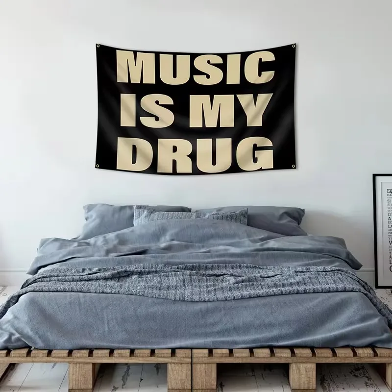 1PC  Music Is My Drug quote tapestry, designed for music lovers, features a minimalist black and brown font, adding a trendy de photo 1