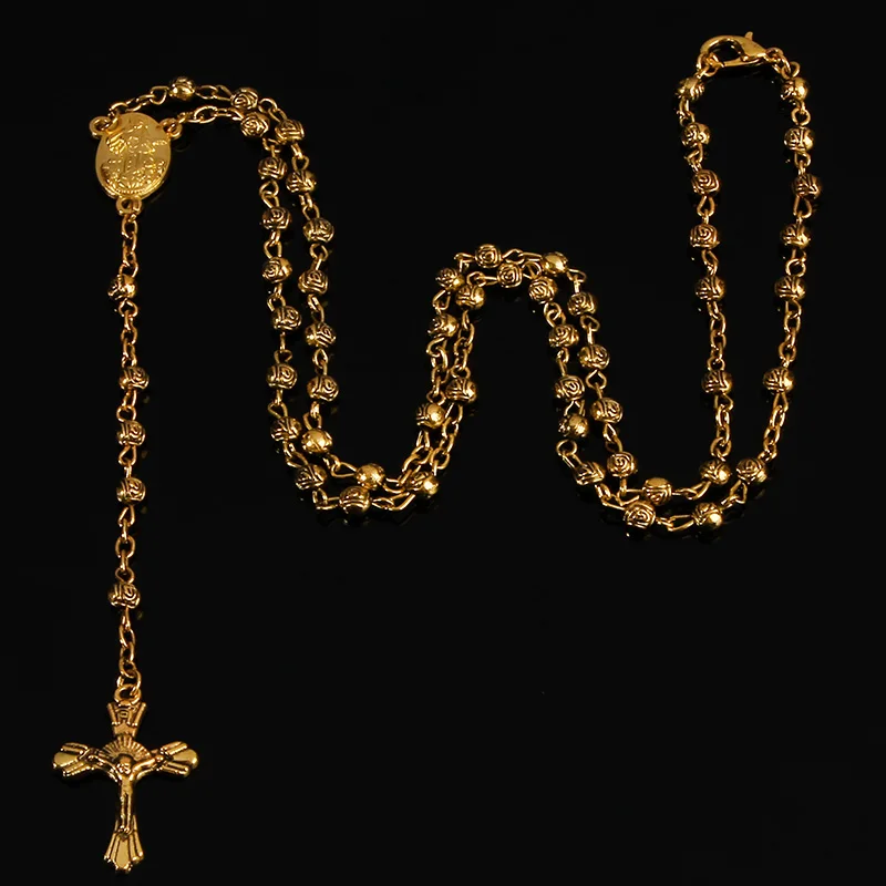 4mm stainless steel bead necklace, vintage gold rosary small necklace, female necklace Jesus cross necklace. photo 6