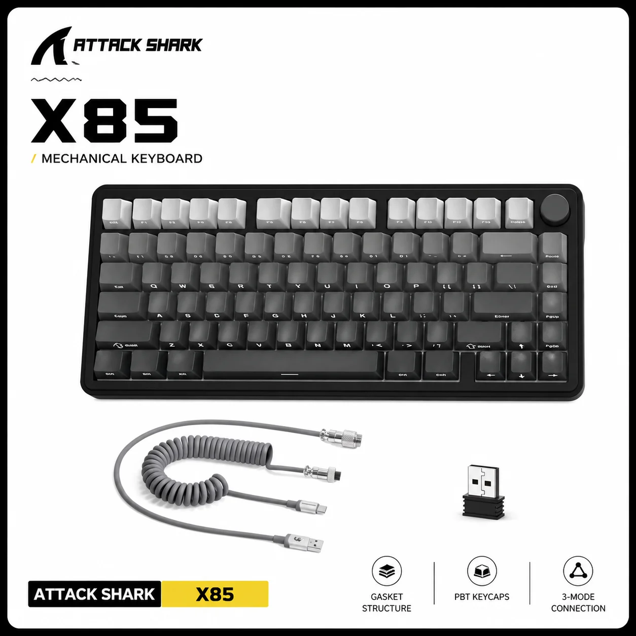ATTACK SHARK X85 75% Tri‑Mode(Wired/2.4GHz/Bluetooth) Hot Swap Mechanical Keyboard Kit With C01ULTRA RGB Aviator Coiled Cable photo 1